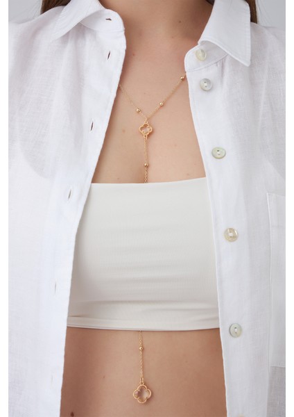 Altın Rengi Yonca Detaylı Crop Y Kolye (110CM)