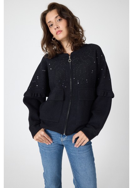 Siyah Pul İşlemeli Cepli Fermuarlı Kadın Hırka 2447 fiyatları