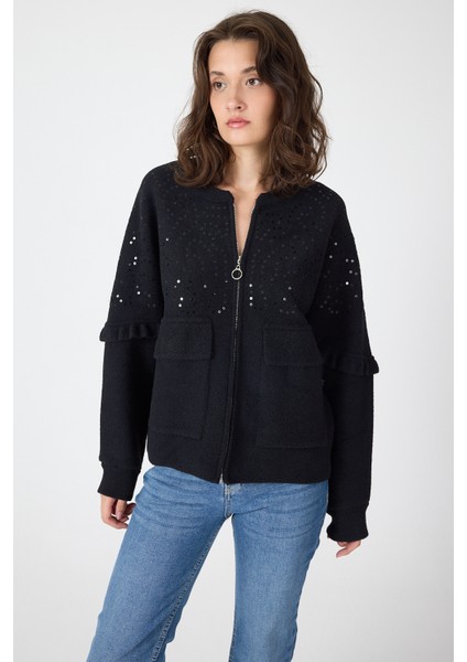 Siyah Pul İşlemeli Cepli Fermuarlı Kadın Hırka 2447 modelleri