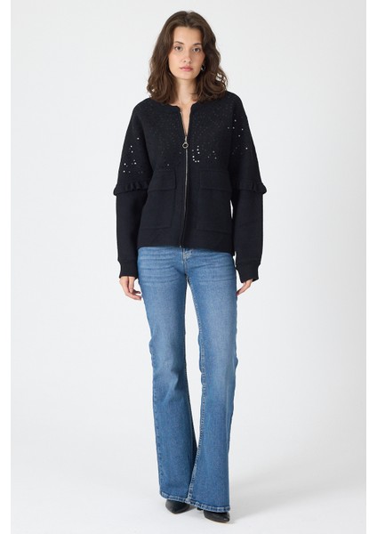 Siyah Pul İşlemeli Cepli Fermuarlı Kadın Hırka 2447 fırsatları