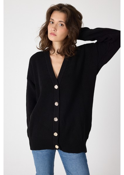 Siyah V Yaka Düğmeli Örme Kadın Hırka 6765 modelleri