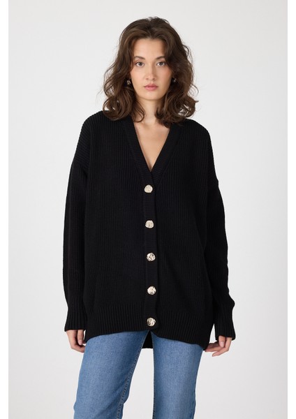 Siyah V Yaka Düğmeli Örme Kadın Hırka 6765 fırsatları