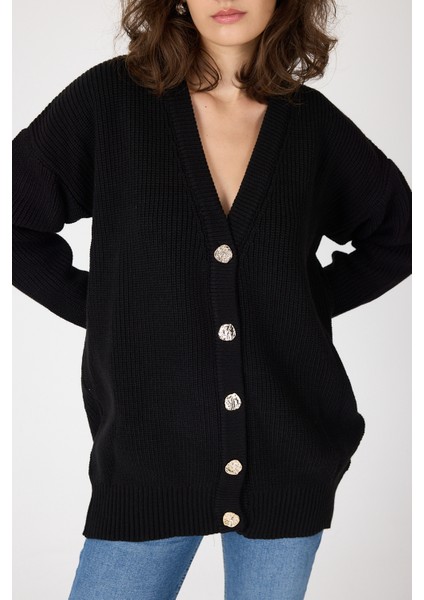 Siyah V Yaka Düğmeli Örme Kadın Hırka 6765