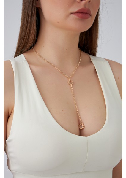 Altın Rengi Taşlı Yonca Figürlü Y Kolye (60CM)
