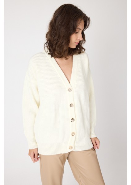 Kemik V Yaka Düğmeli Örme Kadın Hırka 6765