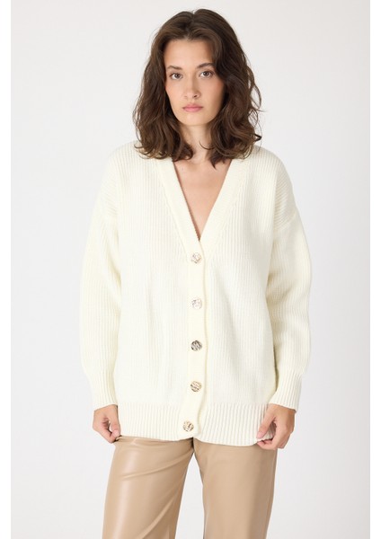 Kemik V Yaka Düğmeli Örme Kadın Hırka 6765