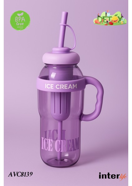 Ice Cream Yazılı Detoks Su Şişesi Filtreli Başlık Pipetli Kulplu Hafif ve Sızdırmaz Big Mug 1300 ml