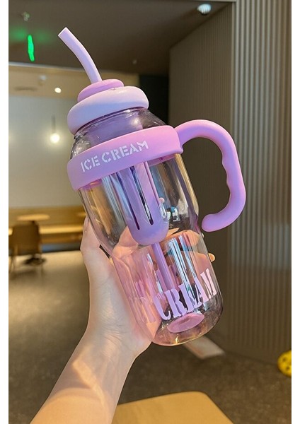 Ice Cream Yazılı Detoks Su Şişesi Filtreli Başlık Pipetli Kulplu Hafif ve Sızdırmaz Big Mug 1300 ml fiyatları