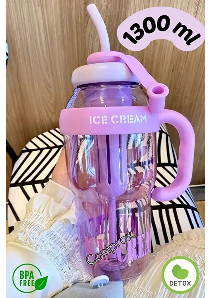 Ice Cream Yazılı Detoks Su Şişesi Filtreli Başlık Pipetli Kulplu Hafif ve Sızdırmaz Big Mug 1300 ml modelleri