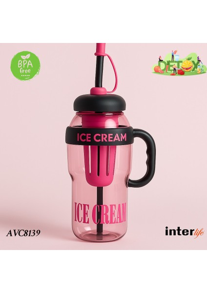 Ice Cream Yazılı Detoks Su Şişesi Filtreli Başlık Pipetli Kulplu Hafif ve Sızdırmaz Big Mug 1300 ml