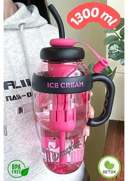 Ice Cream Yazılı Detoks Su Şişesi Filtreli Başlık Pipetli Kulplu Hafif ve Sızdırmaz Big Mug 1300 ml fiyatları