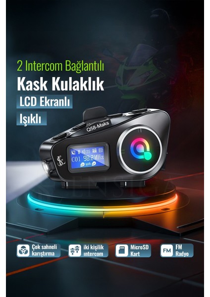 2 Intercom Bağlantılı Radyolu LCD Ekranlı Işıklı Su Geçirmez Motorcu Kask Kulaklık Müzik Çalar