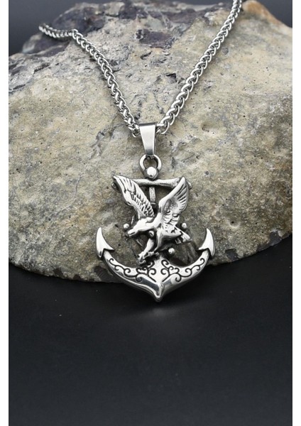 Çapa Dümen ve Kartal Figürlü Kolye Paslanmaz Çelik Zincir 902289
