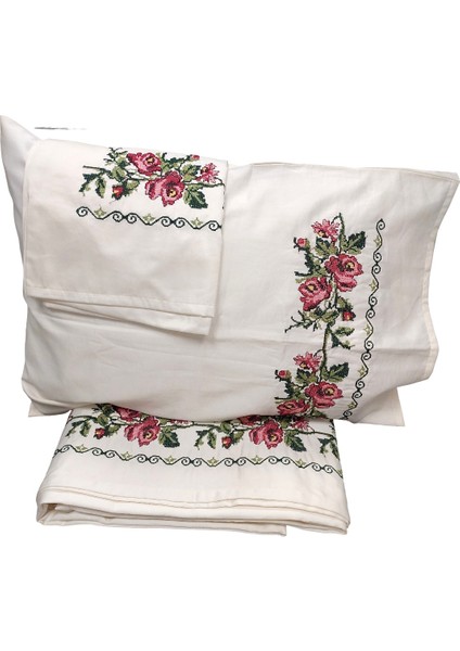 Buldan Kanaviçeli Çift Kişilik Pamuk Saten Çarşaf Seti-Krem