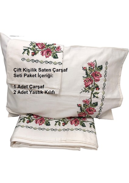 Buldan Kanaviçeli Çift Kişilik Pamuk Saten Çarşaf Seti-Krem modelleri