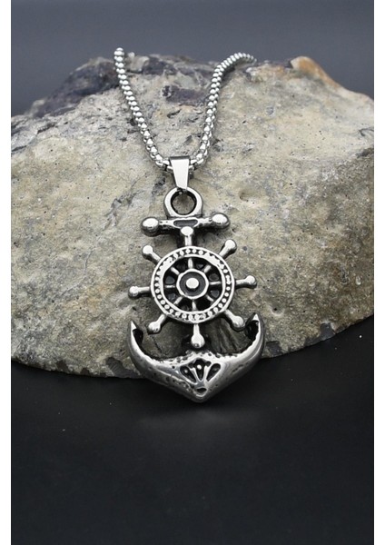 Çapa Dümen Figürlü Kolye Paslanmaz Çelik Zincir 902291