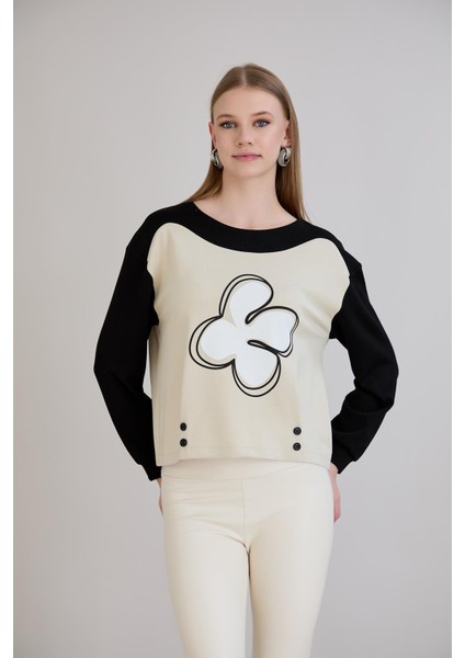 Çiçek Baskılı Düğmeli Bisiklet Yaka Renk Kontraslı Bluz Siyah modelleri