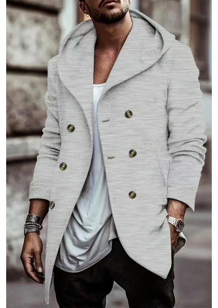 Corry Çelik Interlok Kumaş Kruvaze Düğmeli Kapüşonlu Erkek Panço Hırka