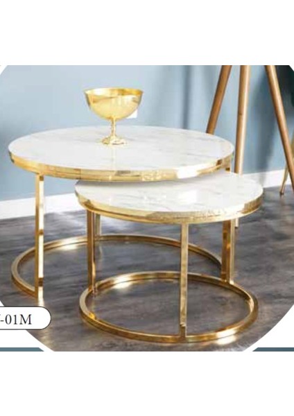 Mim Beyaz Desenli - Gold Dünya Ikili Orta Sehpa