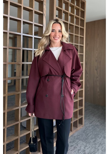 Bordo Deri Ip Kemerli Rüzgarlıklı Trençkot - 7488