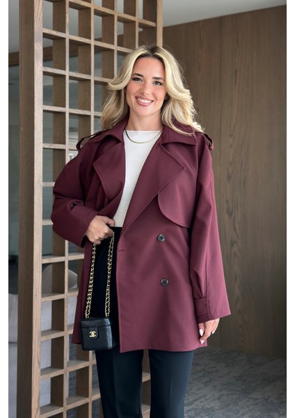 Bordo Deri Ip Kemerli Rüzgarlıklı Trençkot - 7488 modelleri