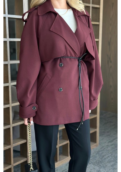 Bordo Deri Ip Kemerli Rüzgarlıklı Trençkot - 7488 fırsatları