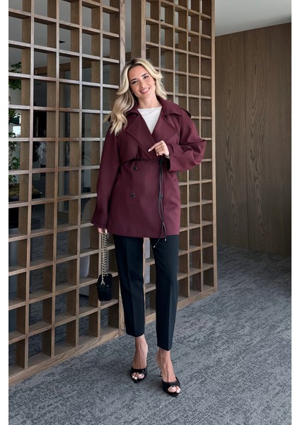 Bordo Deri Ip Kemerli Rüzgarlıklı Trençkot - 7488 indirimleri