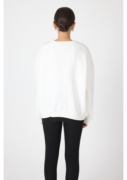 Ekru Bisiklet Yaka Oversize Kadın Sweatshirt 9152M