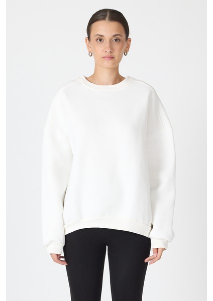 Ekru Bisiklet Yaka Oversize Kadın Sweatshirt 9152M