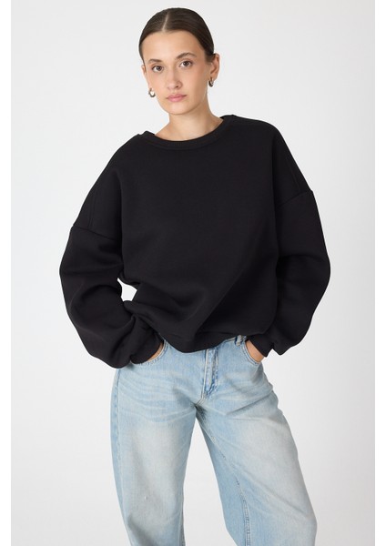Siyah Bisiklet Yaka Oversize Kadın Sweatshirt 9152M