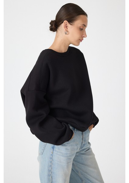 Siyah Bisiklet Yaka Oversize Kadın Sweatshirt 9152M