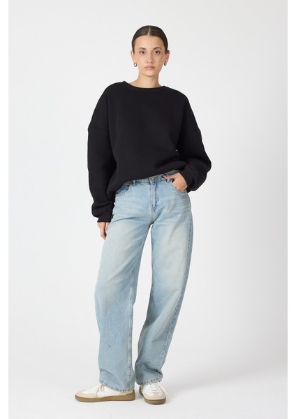 Siyah Bisiklet Yaka Oversize Kadın Sweatshirt 9152M