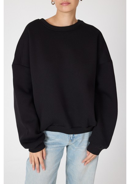 Siyah Bisiklet Yaka Oversize Kadın Sweatshirt 9152M