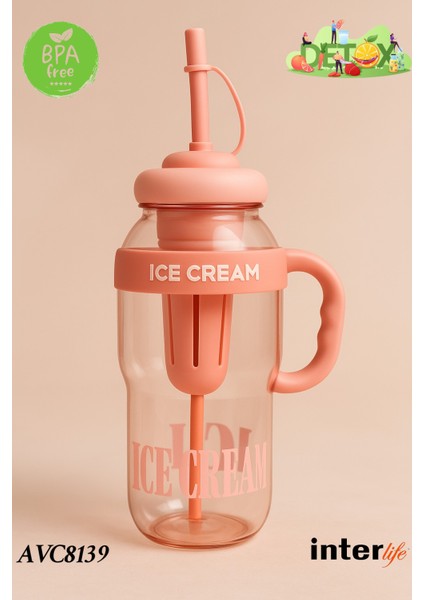 Ice Cream Yazılı Detoks Su Şişesi Filtreli Başlık Pipetli Kulplu Hafif ve Sızdırmaz Big Mug 1300 ml