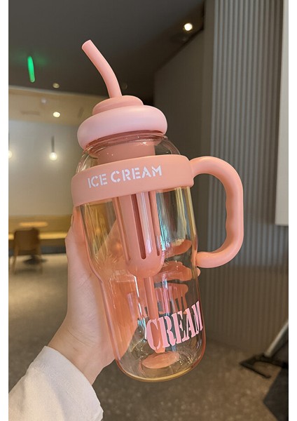 Ice Cream Yazılı Detoks Su Şişesi Filtreli Başlık Pipetli Kulplu Hafif ve Sızdırmaz Big Mug 1300 ml fiyatları