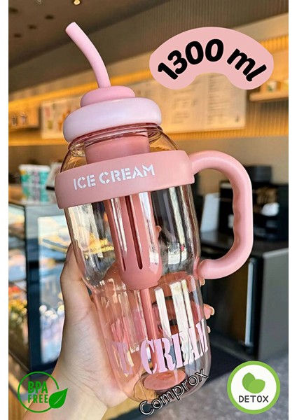 Ice Cream Yazılı Detoks Su Şişesi Filtreli Başlık Pipetli Kulplu Hafif ve Sızdırmaz Big Mug 1300 ml modelleri