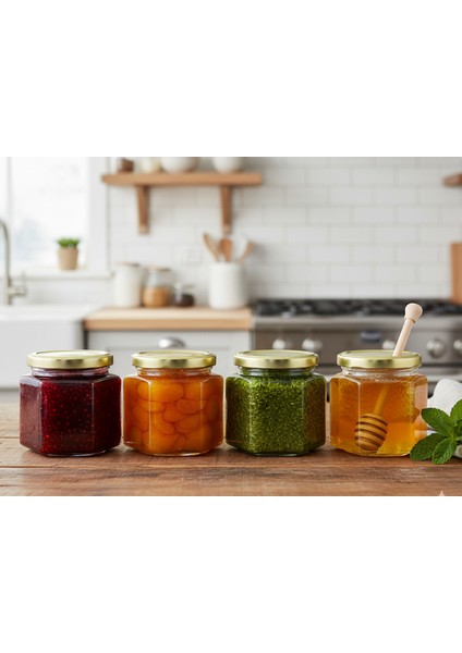380 ml Altıgen Cam Kavanoz 4’lü Set – Gold Kapaklı Reçel & Bal Kavanozu