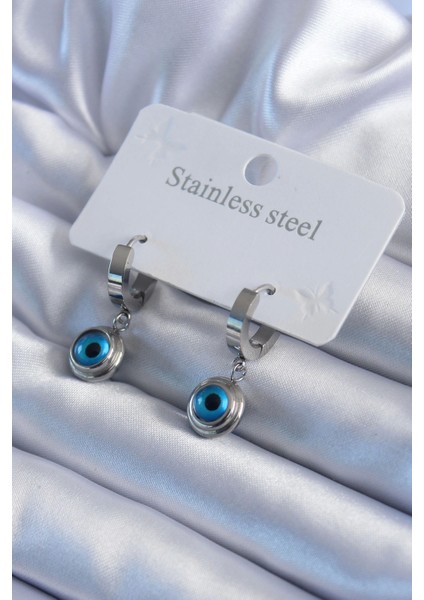 Bfs 316L Çelik Gümüş Renk Nazar Boncuk Model Kadın Küpe