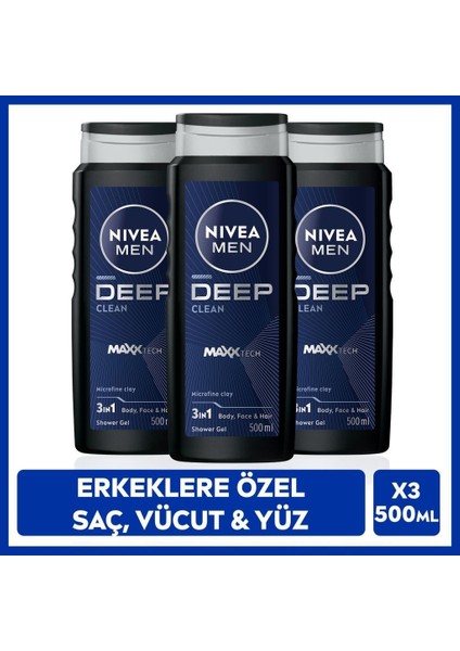 Nıvea Men Erkek Deep Dimension Duş Jeli 500ML, 3Ü1ARADA Komple Bakım, Vücut Saç Yüz, Erkeksi Koku, X3ADET