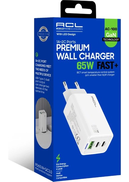 Acl AC-100 65WATT 1xusb-A 2xusb-C LED Işıklı Duvar Şarj Aleti Şarj Cihazı modelleri