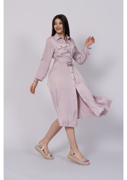 Uzun Kollu ve Kolları Katlana Bilen Boydan Düğmeli Beli Lastikli Saten Elbise 50306