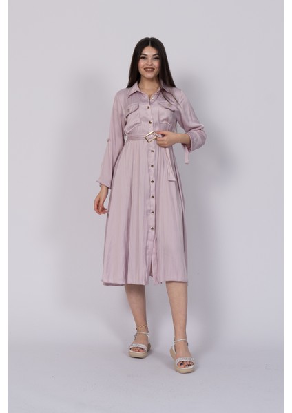 Uzun Kollu ve Kolları Katlana Bilen Boydan Düğmeli Beli Lastikli Saten Elbise 50306 fiyatları