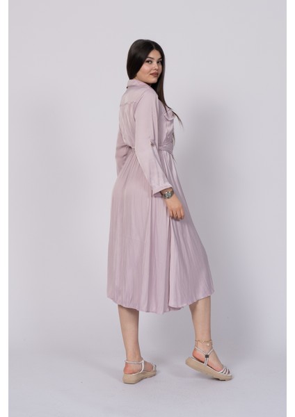 Uzun Kollu ve Kolları Katlana Bilen Boydan Düğmeli Beli Lastikli Saten Elbise 50306 modelleri