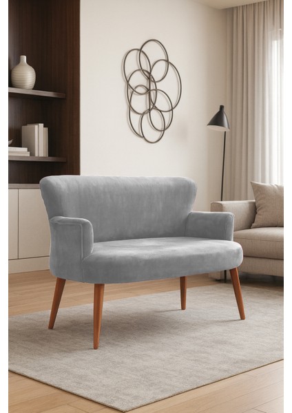 - Roma Modern Ikili Koltuk Kanepe - Babyface Kumaş - Düğmesiz - Ahşap Ayak - Açık Gri