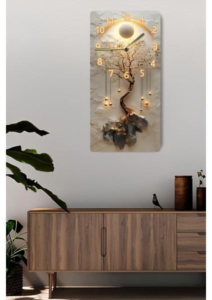 Dekoratif Ağaç ve Ay Desenli Mdf Dikdörtgen Duvar Saati – 30X60 cm Uv Baskı– USD092 fiyatları