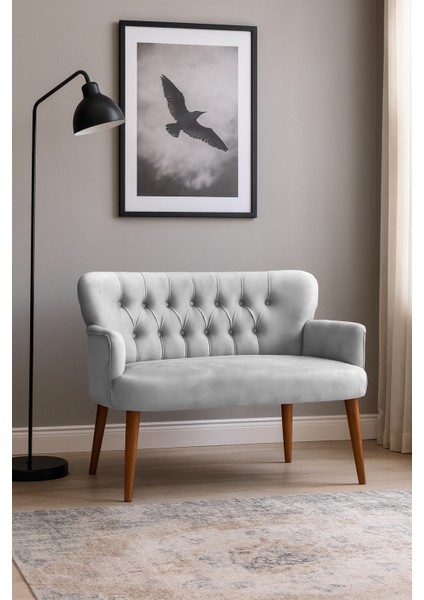 - Roma Modern Ikili Koltuk Kanepe - Babyface Kumaş - Ahşap Ayak - Açık Gri