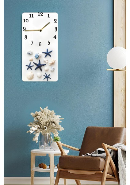 Deniz Yıldızı ve Deniz Kabukları Temalı Mdf Dikdörtgen Duvar Saati – 30X60 cm Uv Baskı – USD082 modelleri