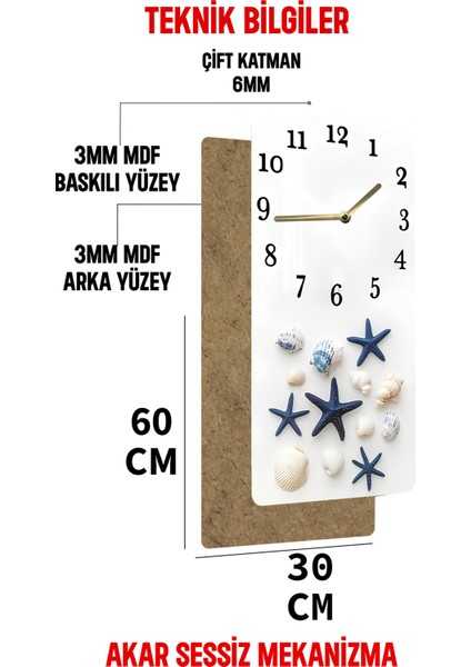Deniz Yıldızı ve Deniz Kabukları Temalı Mdf Dikdörtgen Duvar Saati – 30X60 cm Uv Baskı – USD082 fırsatları