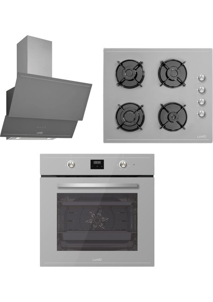 Gri Cam Ankastre Set - 3481S Davlumbaz - L638S01 Ocak - F502S01 Fırın