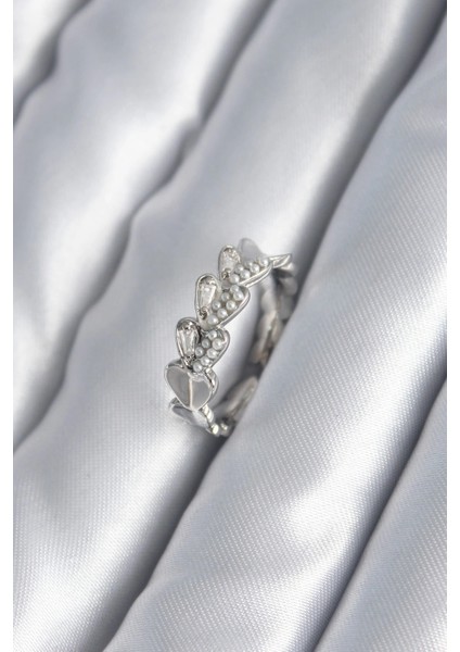 Bfs Pirinç Gümüş Renk Kalp Model Inci Detay Kadın Yüzük